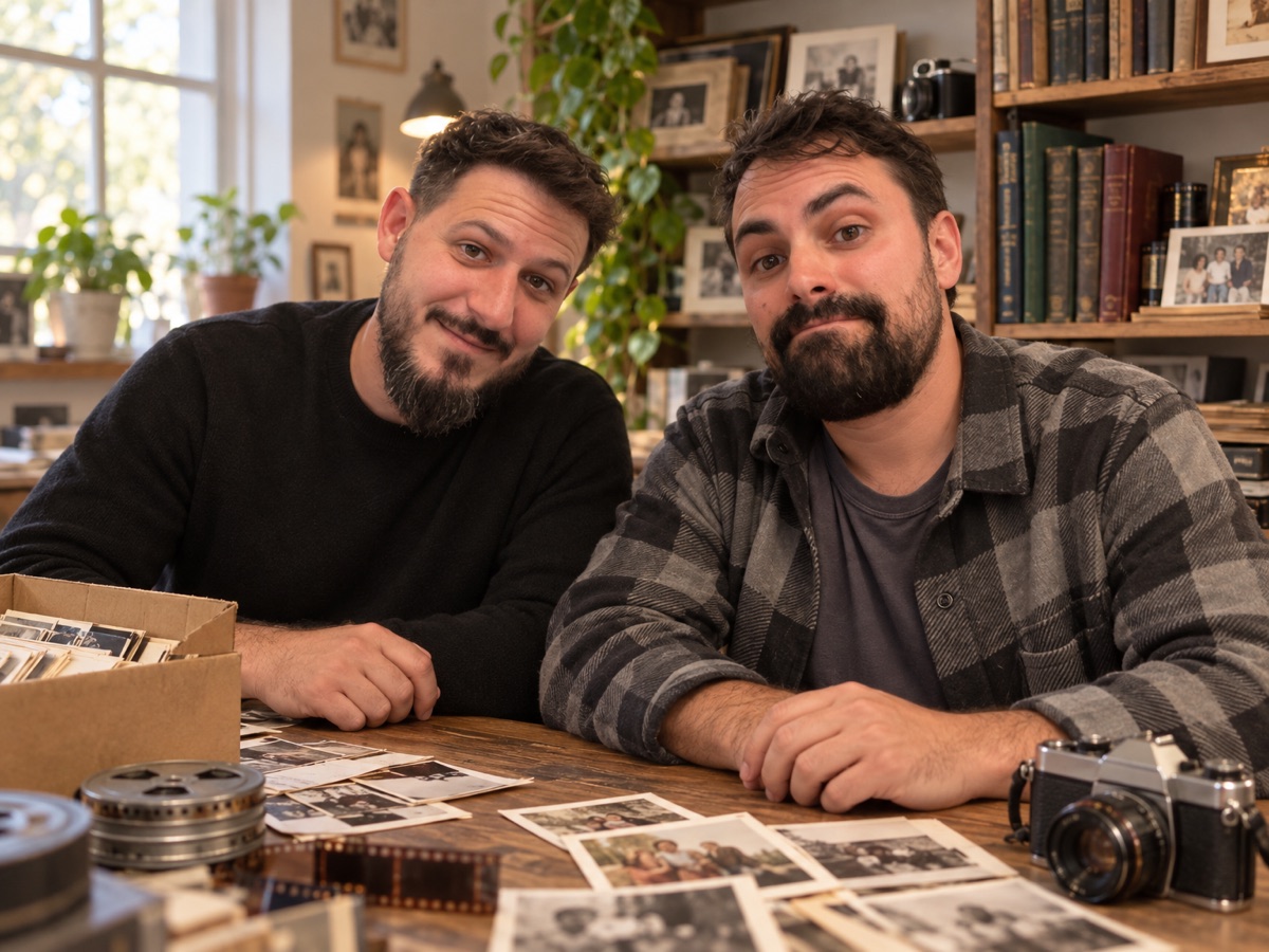 Yarden and Ash at a wooden desk with a box of old family photos, film reels and a camera